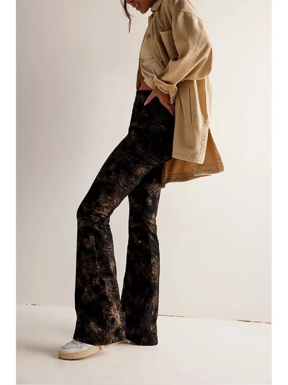 Free People NWT Jayde Black Tie Printed Metallic Black Flare Jeans